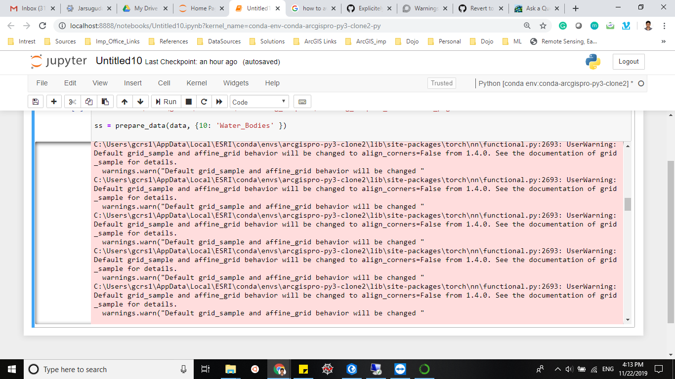 C:\Users\User1\AppData\Local\ESRI\conda\envs\arcgispro-py3-clone2\lib\site-packages\torch\nn\functional.py:2693: UserWarning: Default grid_sample and affine_grid behavior will be changed to align_corners=False from 1.4.0. See the documentation of grid_sample for details.   warnings.warn("Default grid_sample and affine_grid behavior will be changed "